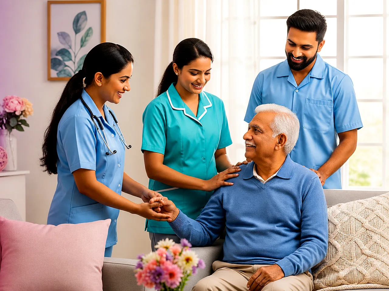 Indian elderly patient with caregivers at home